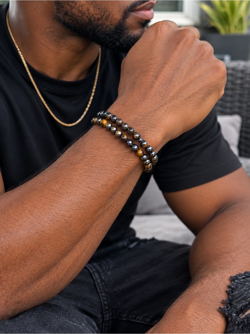 Men's Hematite and Tiger Eye Beaded Bracelet Set (2)